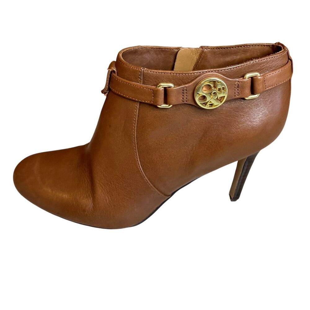 Coach Salene Leather Ankle Boots Ginger Brown Stiletto Heel Gold Logo 6.5 - Picture 2 of 12
